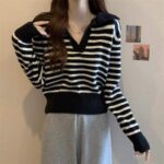Full Stock Lot: 140 Pcs Korean Style Color-Block Striped Polo Collar Long Sleeve Knit Tops - Soft & Stretchy, One Size, Individually Packed, 7.4 CNY/Piece - Image 6