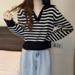 Full Stock Lot: 140 Pcs Korean Style Color-Block Striped Polo Collar Long Sleeve Knit Tops - Soft & Stretchy, One Size, Individually Packed, 7.4 CNY/Piece - Image 5