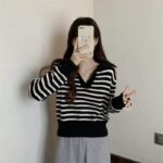Full Stock Lot: 140 Pcs Korean Style Color-Block Striped Polo Collar Long Sleeve Knit Tops - Soft & Stretchy, One Size, Individually Packed, 7.4 CNY/Piece - Image 4