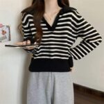 Full Stock Lot: 140 Pcs Korean Style Color-Block Striped Polo Collar Long Sleeve Knit Tops - Soft & Stretchy, One Size, Individually Packed, 7.4 CNY/Piece - Image 2