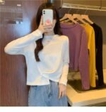 Chinese Clothing Stock Lot: Korean Style Spring Plain Irregular Hem Crew Neck Long Sleeve Knit Tops - 282 Pcs, Multi-Color, Bulk Wholesale - Image 3