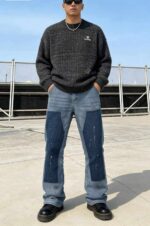 Spring New American Retro Color Block Patchwork Straight-Leg Denim Pants - 155 Pcs, Bulk Stock Lot Wholesale, All Clearance at 10.4 CNY Each - Image 5