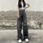 Spring/Summer Vintage Washed Cotton Distressed Straight Wide-Leg Jeans - XS to 2XL, 1072 Pieces, Full Clearance 8.3 CNY/Pc, Independent Packaging with Waist Tag - Image 5