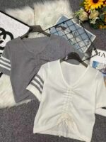 365pcs Summer Seductive V-neck Drawstring Knit Short Sleeve Tops | Soft Stretchy One Size | Chinese Clothing Stock Lot | Bulk Wholesale Export CNY6.4/pc - Image 9