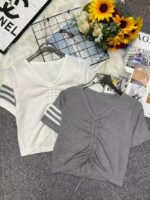 365pcs Summer Seductive V-neck Drawstring Knit Short Sleeve Tops | Soft Stretchy One Size | Chinese Clothing Stock Lot | Bulk Wholesale Export CNY6.4/pc - Image 8