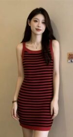 380PCS Summer Korean Style Color-Block Stripe Ice Silk Knitted Camisole Dresses | Bulk Stock Lot | One Size, Soft Stretch Fabric | 6.4 CNY/Piece - Image 6