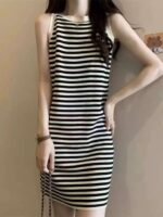 380PCS Summer Korean Style Color-Block Stripe Ice Silk Knitted Camisole Dresses | Bulk Stock Lot | One Size, Soft Stretch Fabric | 6.4 CNY/Piece - Image 4