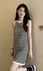 380PCS Summer Korean Style Color-Block Stripe Ice Silk Knitted Camisole Dresses | Bulk Stock Lot | One Size, Soft Stretch Fabric | 6.4 CNY/Piece - Image 3