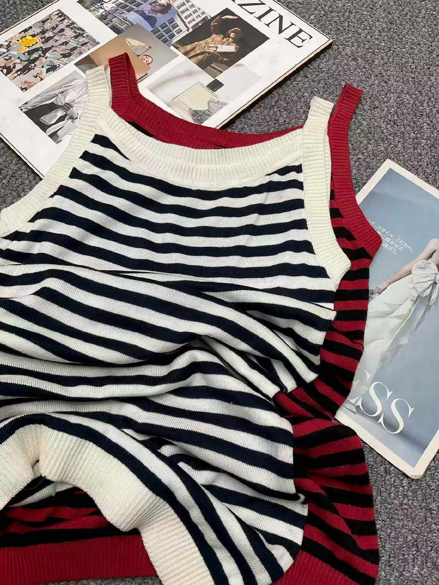 380PCS Summer Korean Style Color-Block Stripe Ice Silk Knitted Camisole Dresses | Bulk Stock Lot | One Size, Soft Stretch Fabric | 6.4 CNY/Piece - Image 2
