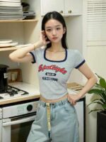 Summer American Vintage Color Block Letter Print Square Neck Knit T-Shirts - 252 Pcs Stock Lot | Wholesale Export | CNY 6.4/Piece - Image 5