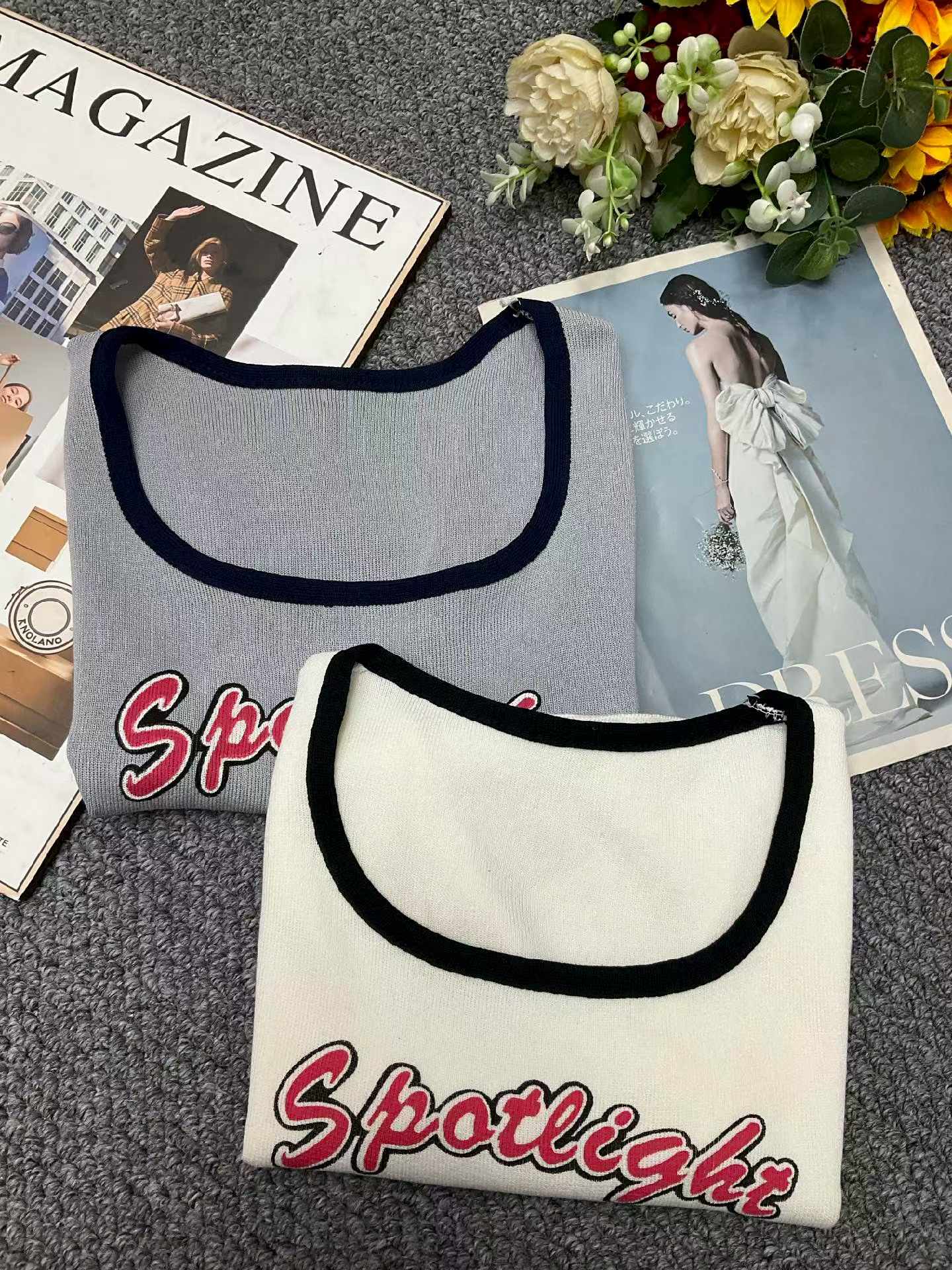 Summer American Vintage Color Block Letter Print Square Neck Knit T-Shirts - 252 Pcs Stock Lot | Wholesale Export | CNY 6.4/Piece - Image 2