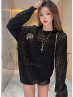 Spring New Loose Trendy Crew Neck Cutout Long Sleeve Knit Tops - 458 Pcs, 3 Colors (Mainly Grey, Few White), One Size, Soft Stretch Fabric | 7.4 CNY/Pc | Bulk Clothing Wholesale - Image 6