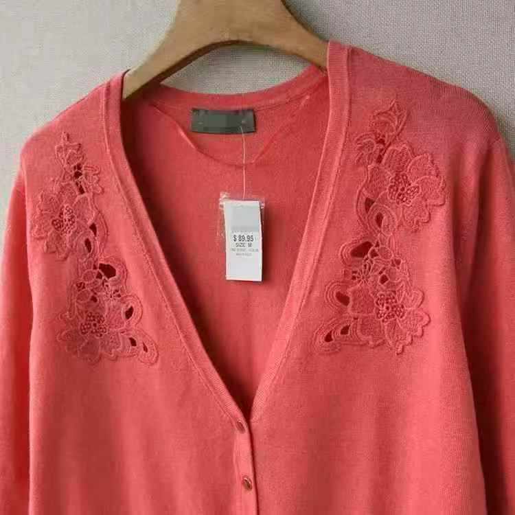 750PCS Spring & Fall Women's Watermelon Red V-Neck Slim Fit Jacquard Knit Cardigans, Half/3/4 Sleeves, Stretchy, Individually Packed, XS-L - Chinese Clothing Stock Lots Wholesale - Image 2