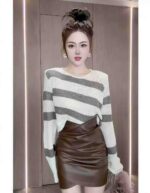 Spring Korean Mature Style Color-Block Striped Long-Sleeve Knit Tops with Shoulder Pads - ~100PCS Stock Lot, Individually Packed, One Size, Bulk Wholesale 6.4 CNY/Piece - Image 5