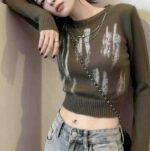 Vintage Tie-Dye Chain Detail Crew Neck Long Sleeve Knit Tops | Around 70 Pieces | Stock Lot Wholesale with Free Accessories | Full Clearance 8.4 CNY/Piece - Image 6