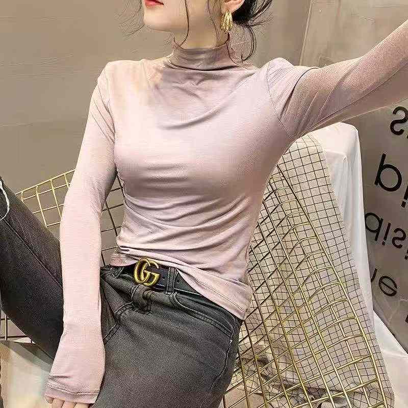 Bulk Stock Lot Women's High-Stretch Half Turtleneck Long Sleeve Base T-Shirts - 450 Pcs, One Size, 3 Colors, Individually Packaged, CNY6.3/Piece - Image 1