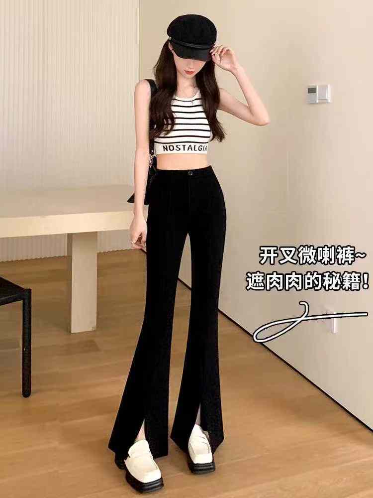 Women's Black High-Waist Slim-Fit Split Hem Wide-Leg Flared Pants | Spring Autumn Stock Lot 2311# | 270pcs | Sizes XS-XXL | 12.3 CNY/PC | Independent Packaging - Image 1