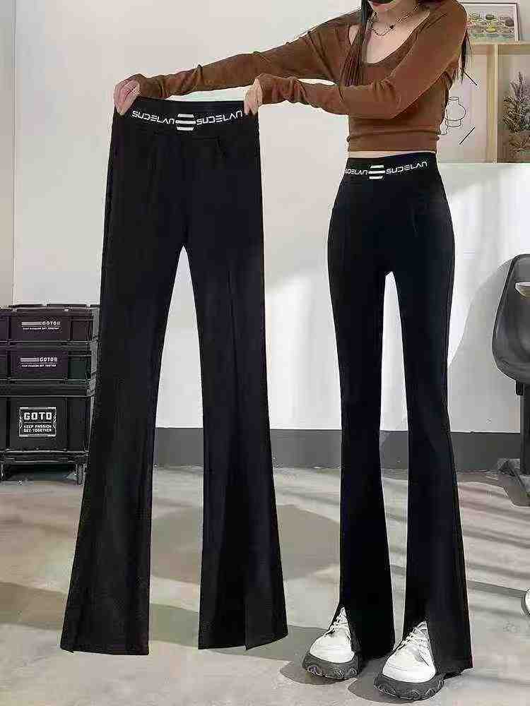 70pcs Autumn High-Waisted Split Flared Wide-Leg Pants Stock Lot - Stretchy S to 3XL, Black Only, Quality Roman Fabric, Individually Packed - Full Clearance 13.3 CNY/Piece - Image 1