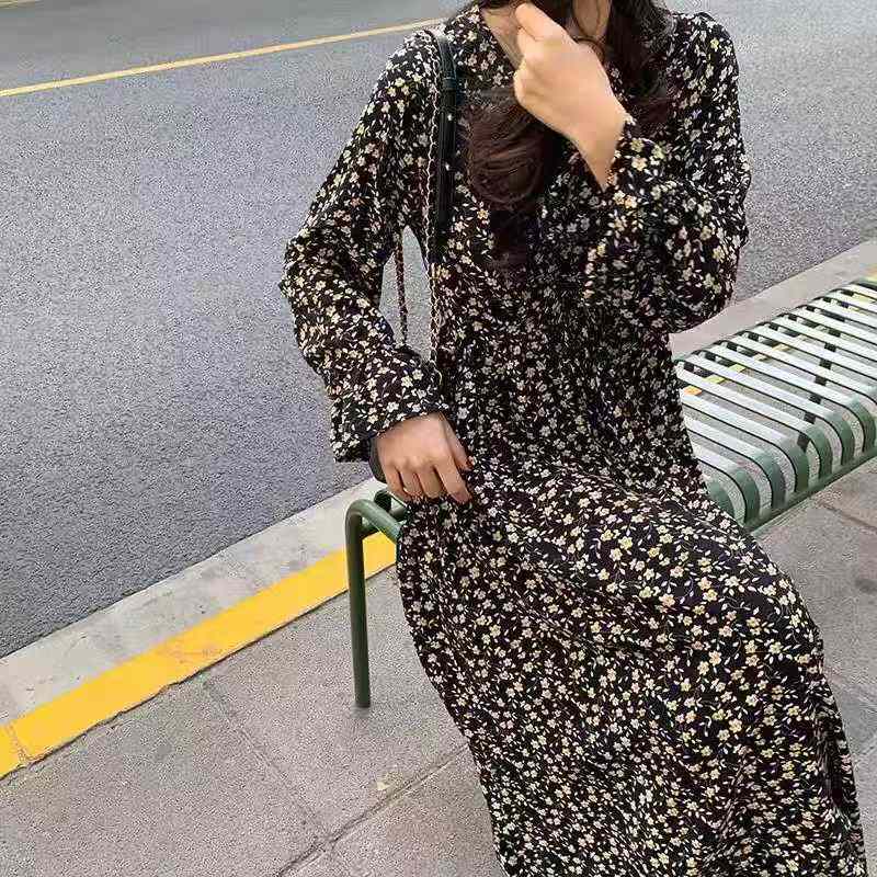 343PCS Bulk French Style Chiffon Floral Long Sleeve Midi Waist-Cinched Women's Dresses | Fall/Winter Collection | Sizes M-XXL | Single Style & Color | Genuine with Individual Packaging | Stock Lot Wholesale at 11.3 CNY/Piece - Image 1