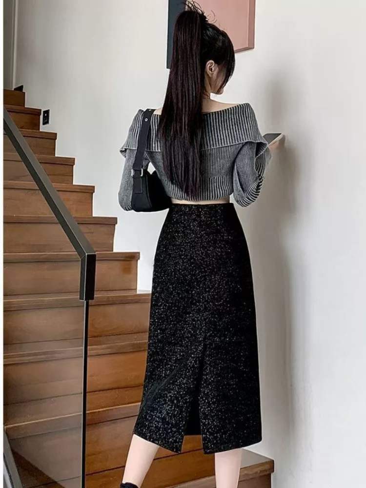 Spring Black Chanel-Inspired Glitter Chenille Midi Straight Bodycon Skirts | 303 Pcs (L-2XL) | Tagged & Individually Packaged | Stock Lot Wholesale 6.4 CNY/Pc - Image 1