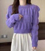Bulk Wholesale Spring Soft Sweaters: 120pcs Puff Sleeve Crew Neck High Waist Regular Shoulder Style - Chinese Clothing Stock Lot CNY6.4/PC - Image 1