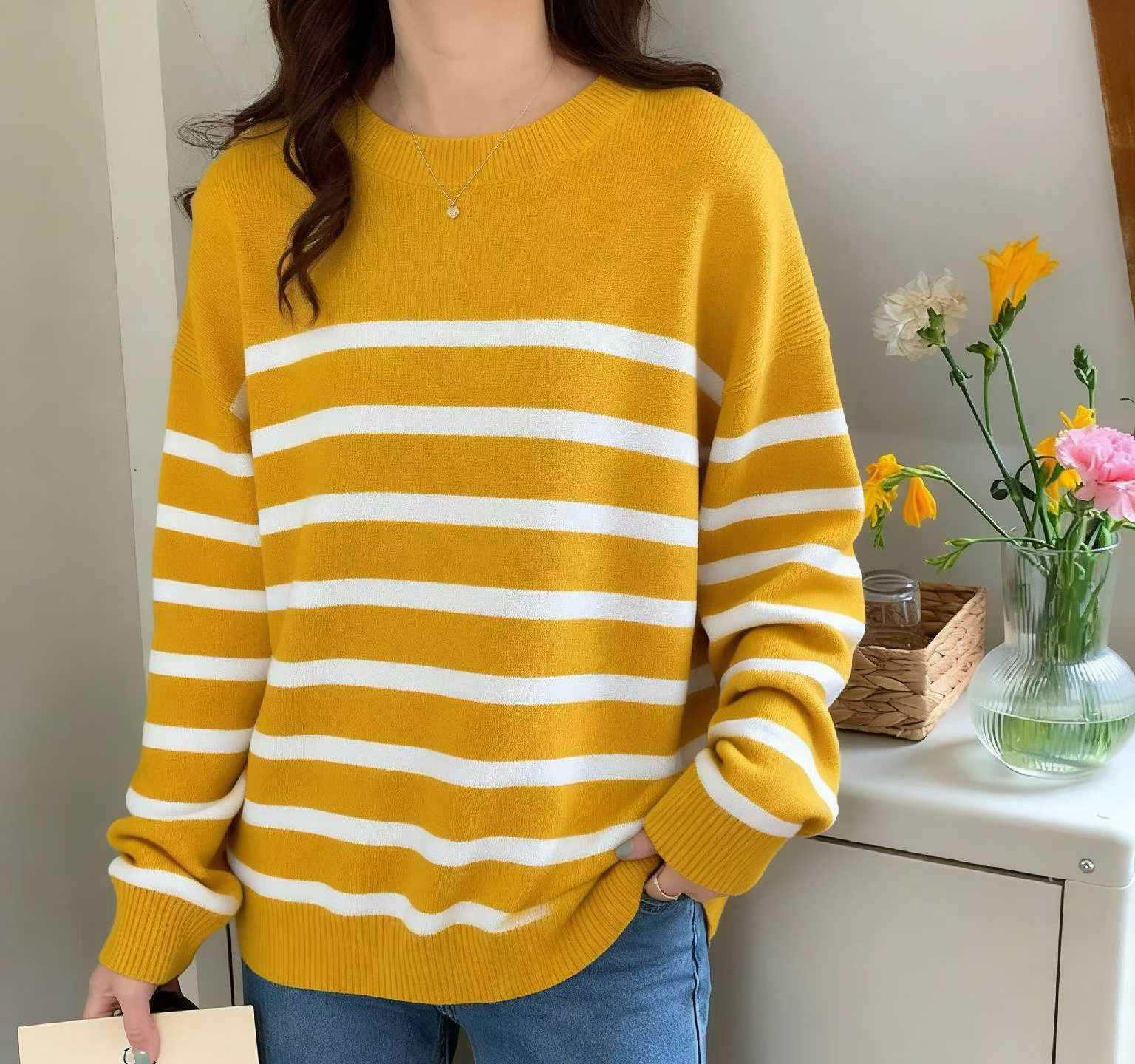 Stock Lot: 120pcs Spring Loose Fit Color Block Stripe Crew Neck Pullover Sweaters - Full Take @6.4 CNY/Piece, Soft Stretch Fabric, Individually Packed - Image 1