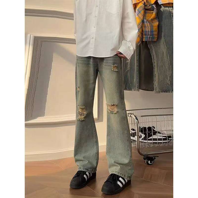 Wholesale Men's Spring Summer Washed Cotton American Retro Distressed Straight Slim Bootcut Jeans | 360pcs, S-3XL, Tagged & Individually Packed Stock Lot - Image 1