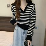 Full Stock Lot: 140 Pcs Korean Style Color-Block Striped Polo Collar Long Sleeve Knit Tops - Soft & Stretchy, One Size, Individually Packed, 7.4 CNY/Piece - Image 1