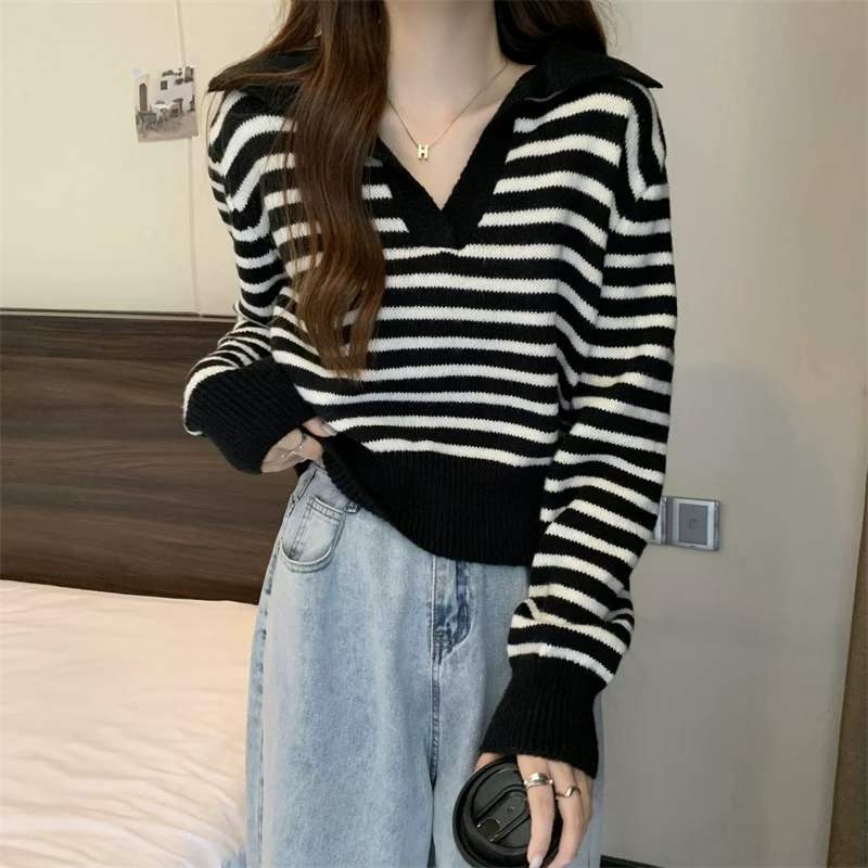 Full Stock Lot: 140 Pcs Korean Style Color-Block Striped Polo Collar Long Sleeve Knit Tops - Soft & Stretchy, One Size, Individually Packed, 7.4 CNY/Piece - Image 1