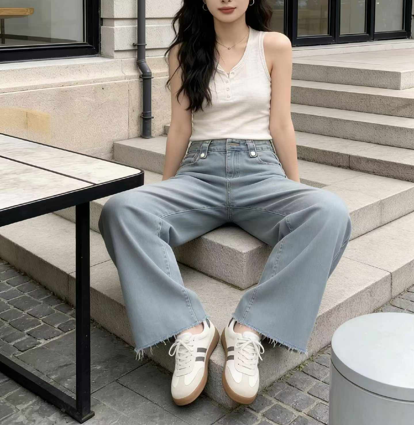 Spring & Summer New Light Blue Raw Hem Straight Wide-Leg Cropped Jeans, S-XL Sizes, ~260pcs, Individually Packed with Waist Card, Bulk Stock Clearance @9.3 CNY/Piece | Wholesale Export - Image 1