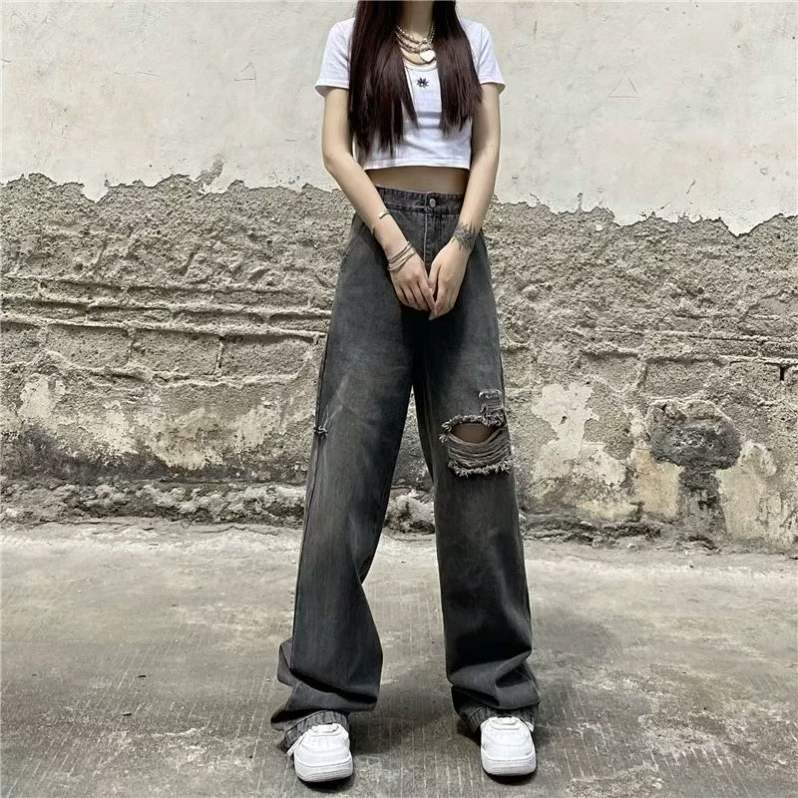 Spring/Summer Vintage Washed Cotton Distressed Straight Wide-Leg Jeans - XS to 2XL, 1072 Pieces, Full Clearance 8.3 CNY/Pc, Independent Packaging with Waist Tag - Image 1