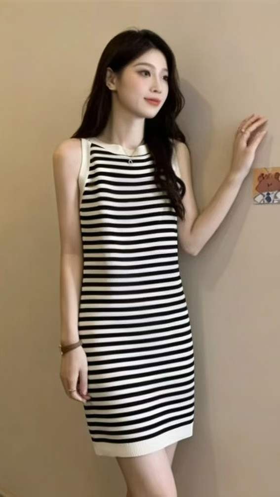 380PCS Summer Korean Style Color-Block Stripe Ice Silk Knitted Camisole Dresses | Bulk Stock Lot | One Size, Soft Stretch Fabric | 6.4 CNY/Piece - Image 1