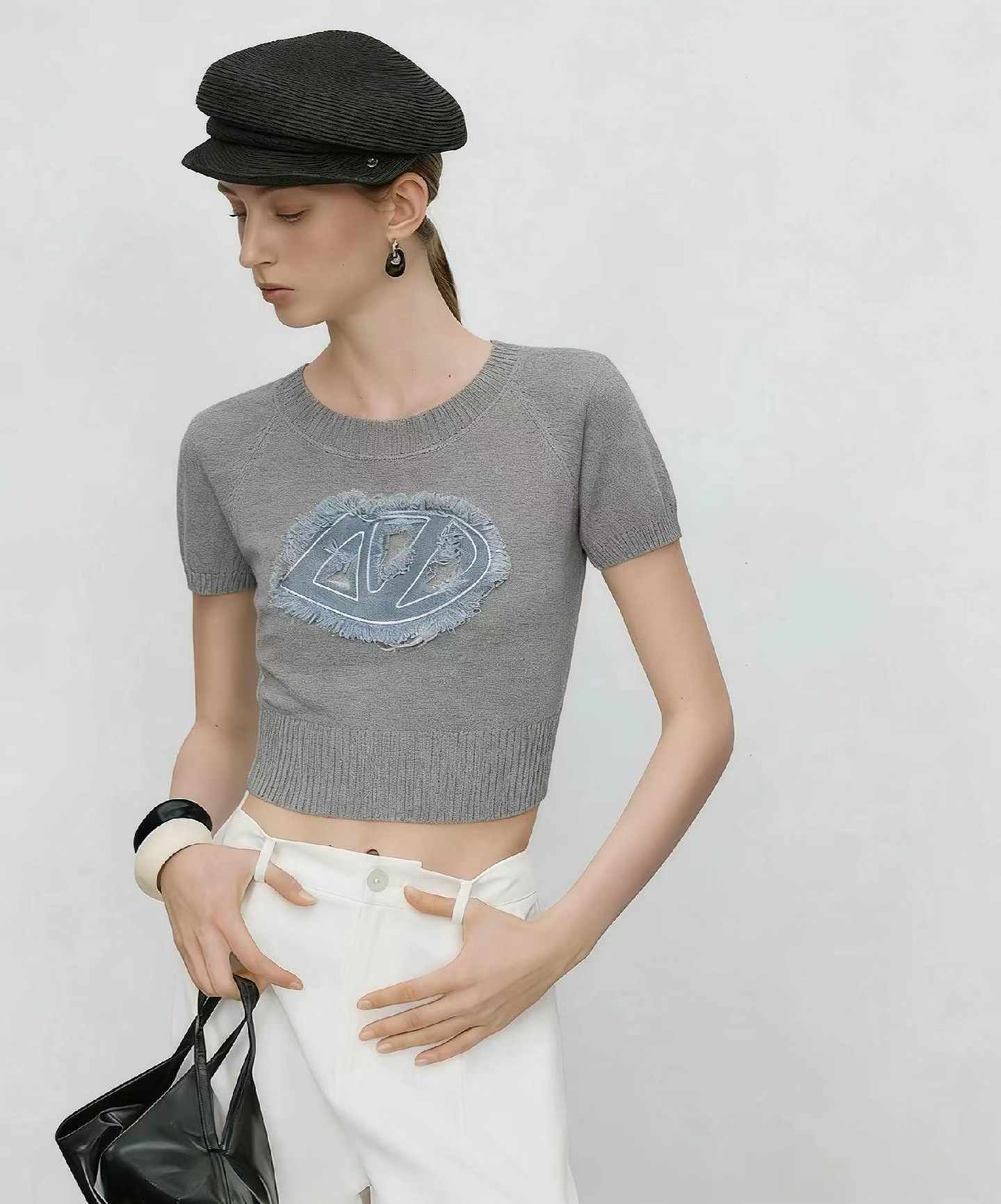 Bulk Stock Lot 180pcs Summer American Hot Girl Style Denim Patch Embroidered Ice Silk Knit Tops | Wholesale Export 6.4 CNY/PC - Image 1