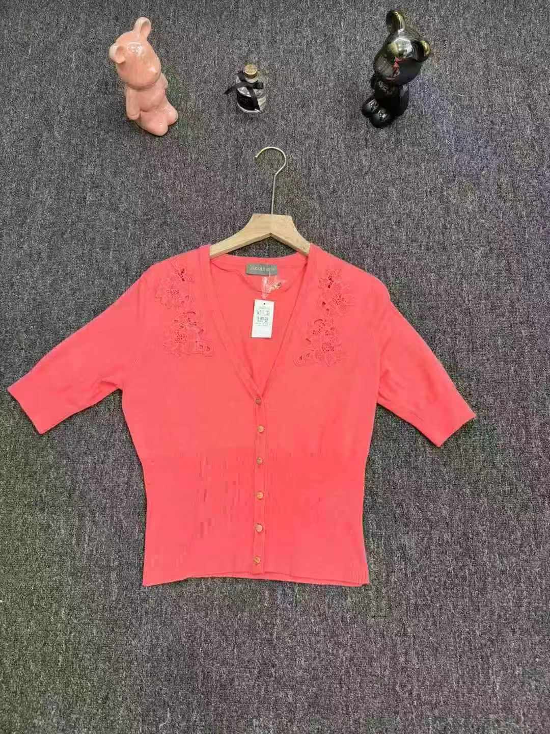 750PCS Spring & Fall Women's Watermelon Red V-Neck Slim Fit Jacquard Knit Cardigans, Half/3/4 Sleeves, Stretchy, Individually Packed, XS-L - Chinese Clothing Stock Lots Wholesale - Image 1