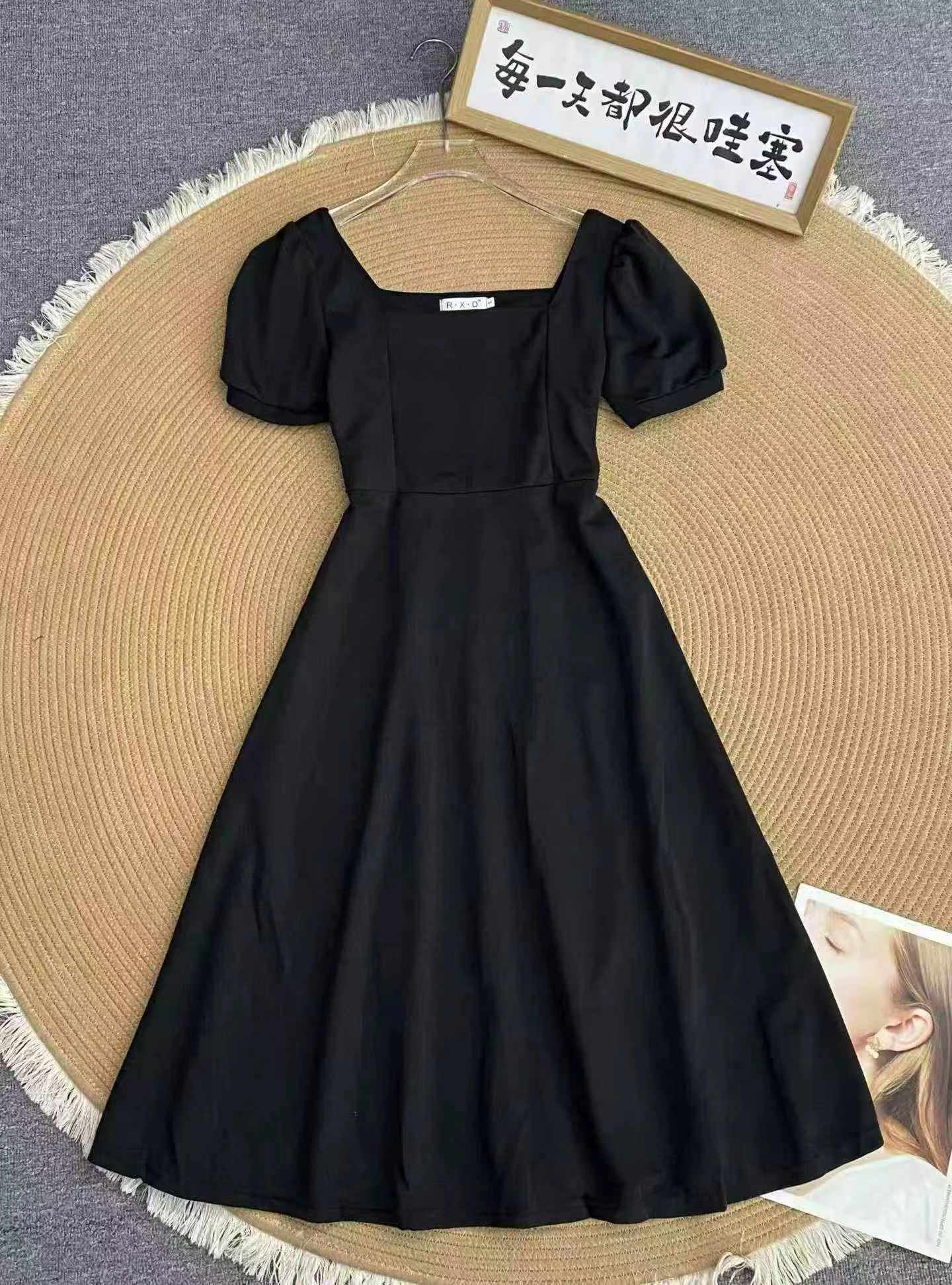 158pcs Hepburn-Inspired Black French Square Neck Puff Sleeve Dresses (S-XXL) | Wholesale Stock Lot - Image 1