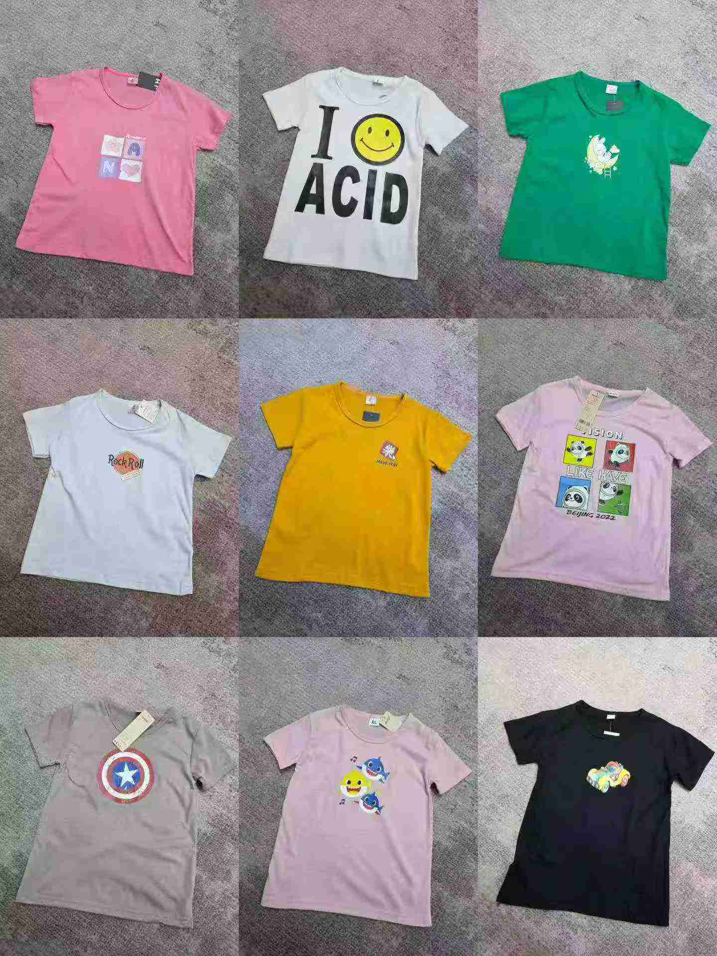 35000pcs Candy Color Cotton Kids' Short Sleeve T-Shirts Stock Lot, Sizes M-2XL, With Tags & Individual Packaging - Image 1