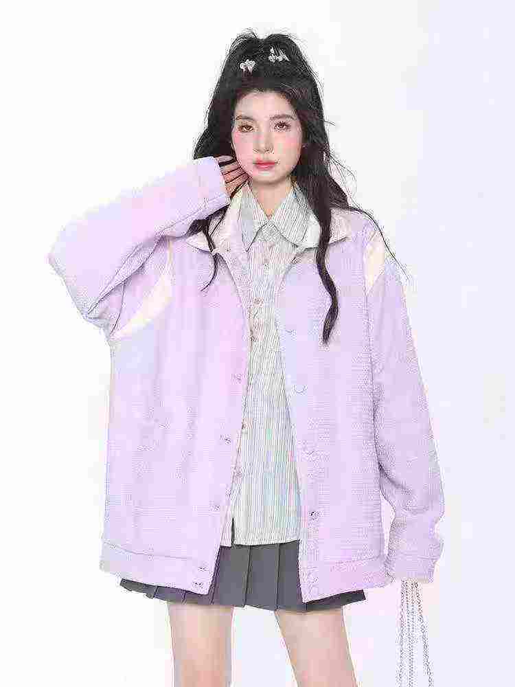Clearance Sale: 158 Pieces (No Assortment) Taro Purple Waffle Color-Block Baseball Jackets, Individually Packed - Image 1