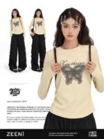 Pure Cotton American Style Slim Long Sleeve T-Shirts Women, Bulk 4800pcs Clothing Stock Clearance Wholesale Export - Image 9