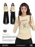 Pure Cotton American Style Slim Long Sleeve T-Shirts Women, Bulk 4800pcs Clothing Stock Clearance Wholesale Export - Image 8