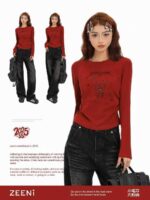 Pure Cotton American Style Slim Long Sleeve T-Shirts Women, Bulk 4800pcs Clothing Stock Clearance Wholesale Export - Image 7