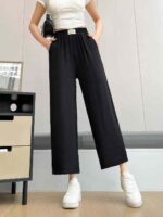 Clearance Bulk Summer Ice Silk Crepe Elastic Waist Wide Leg Cropped Pants For Middle-Aged Elderly Women Stock Wholesale - Image 7
