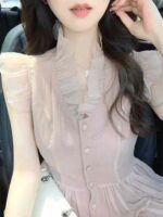 Full Bulk Clearance 100pcs Women's Summer Pink French V-neck Fairy Mesh Tulle Dress With Lining 14.3 CNY - Image 4