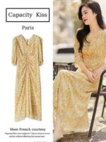 Bulk Wholesale French Tea Break Yellow V-neck Floral Women's Slim Waist Long Dresses Chinese Clothing Stock Lots - Image 9