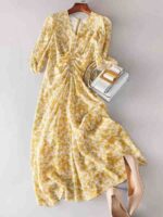 Bulk Wholesale French Tea Break Yellow V-neck Floral Women's Slim Waist Long Dresses Chinese Clothing Stock Lots - Image 8