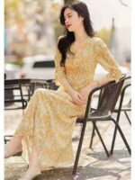Bulk Wholesale French Tea Break Yellow V-neck Floral Women's Slim Waist Long Dresses Chinese Clothing Stock Lots - Image 7