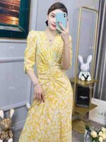 Bulk Wholesale French Tea Break Yellow V-neck Floral Women's Slim Waist Long Dresses Chinese Clothing Stock Lots - Image 6