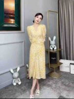 Bulk Wholesale French Tea Break Yellow V-neck Floral Women's Slim Waist Long Dresses Chinese Clothing Stock Lots - Image 5