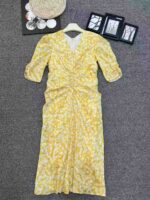 Bulk Wholesale French Tea Break Yellow V-neck Floral Women's Slim Waist Long Dresses Chinese Clothing Stock Lots - Image 4