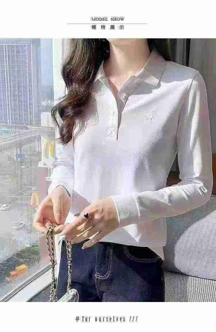High Quality Branded Cotton Women's Embroidered Long Sleeve Collared Polo T-Shirts Bulk Stock Wholesale - Image 1