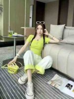 Summer Green Slim Fit 2-Piece Sport Set U-Neck Short Sleeve Top Casual Pants Bulk Stock Wholesale - Image 9